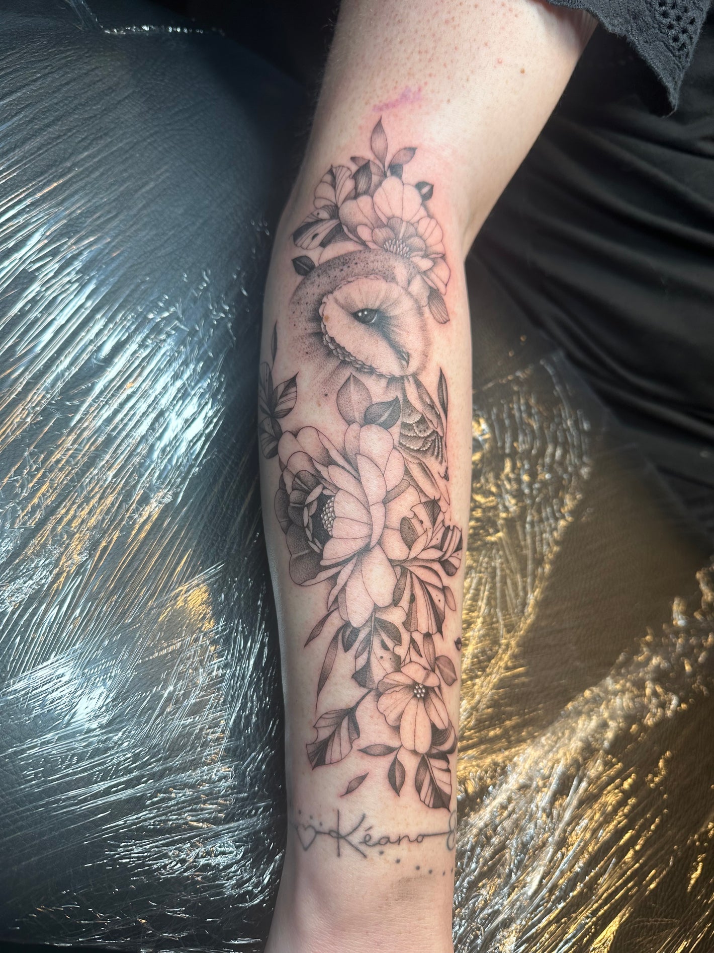 Fine line owl tattoo